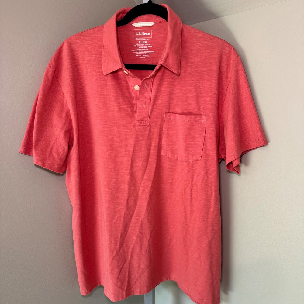 LL Bean Mens Coral  Slub Knit Polo Shirt Traditional Fit Pocket Large